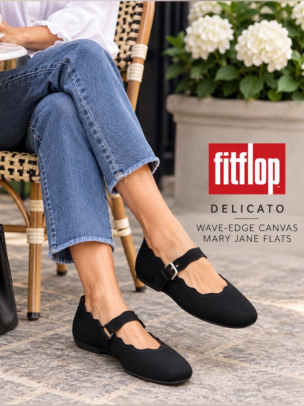 NEW FitFlop Delicato Wave-Edge Canvas Mary Jane Flats Black Size 10 NIB Comfy